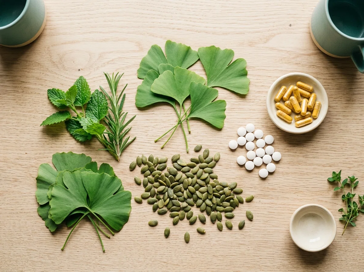 Naturliga ingredienser - ginko-blad, pumpafrön, magnesiumtabletter och B-vitaminer på träyta